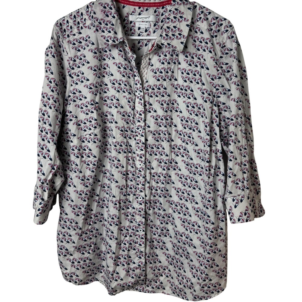 Foxcroft Button Down Shirt Women 16W White Umbrella Print Wrinkle Free Cotton